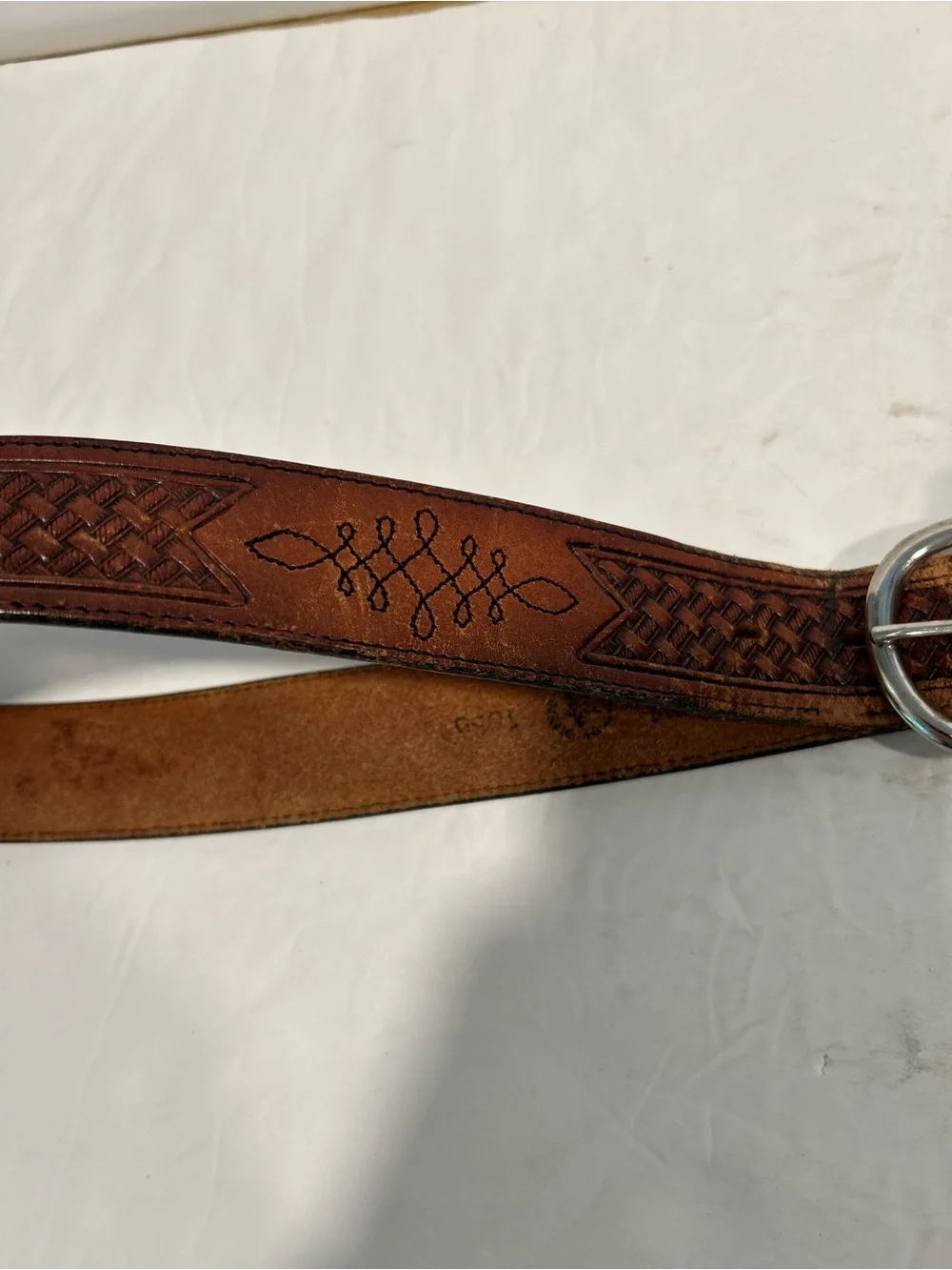 Vintage Leegin Silver Creek Basketweave Tooled Leather Belt Size 40 USA Made